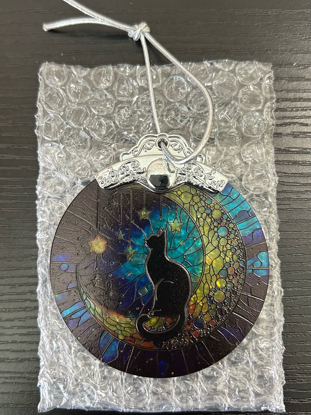 Black Cat Crescent Moon Stained-Glass Ornament - Home Holiday Decor